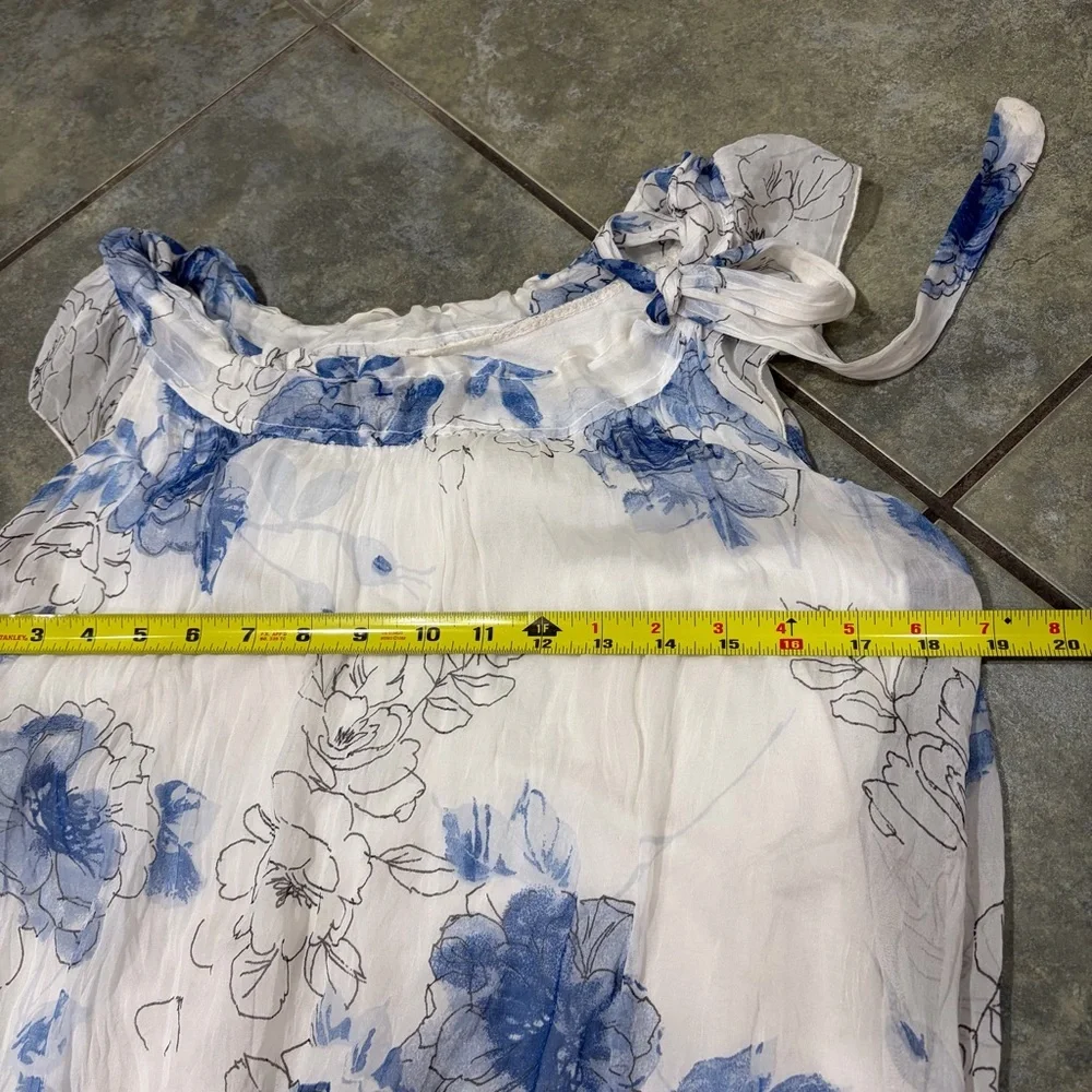 Guisy Made In Italy Top Sz S  Women's White Blue Floral Silk Lined Cottagecore - Picture 9 of 10